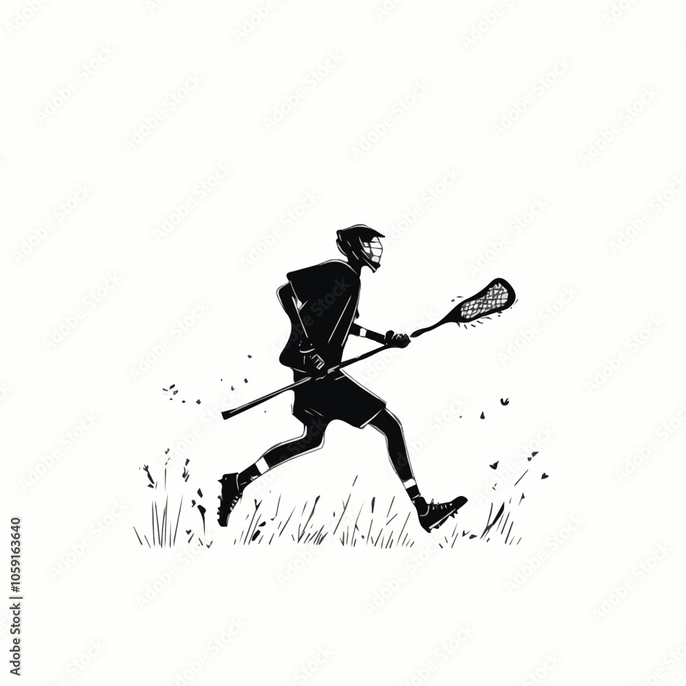 Fototapeta premium Lacrosse player running with stick black and white illustration