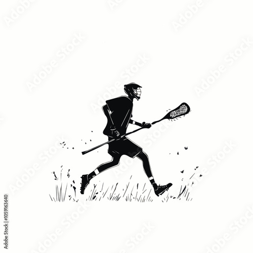 Lacrosse player running with stick black and white illustration