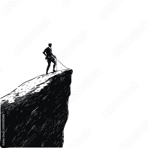 Rock climber scaling a cliff black and white illustration