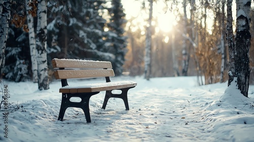 Empty snowcovered park bench in forest, quiet winter scene, Winter Park, Lonely Beauty photo