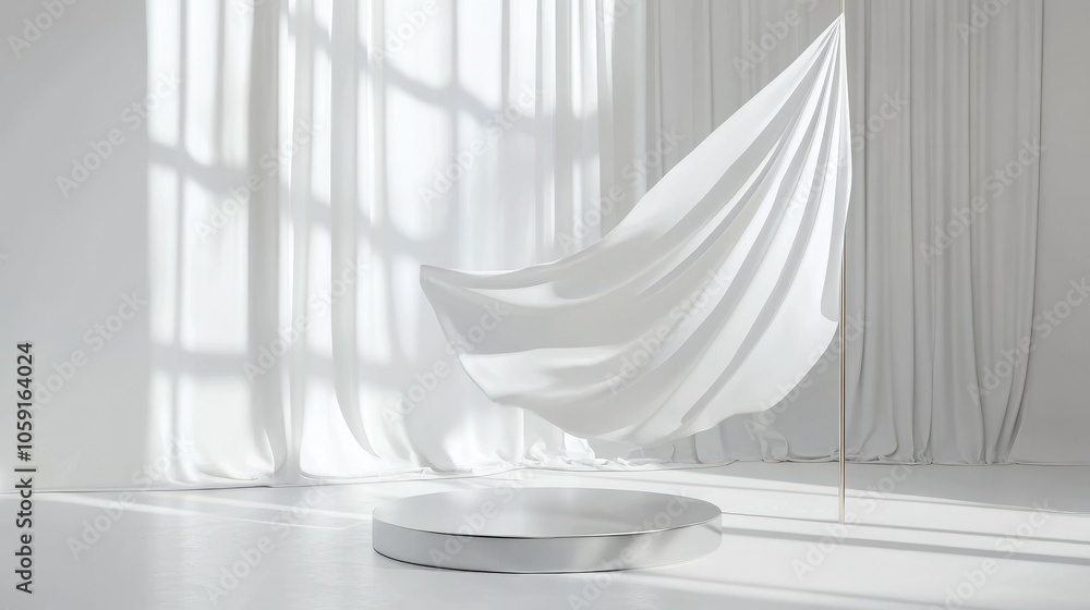 White fabric flag standing on chrome base, blank canvas ideal for brand identity displays White fabric flag standing on chrome base, blank canvas ideal for brand identity displays