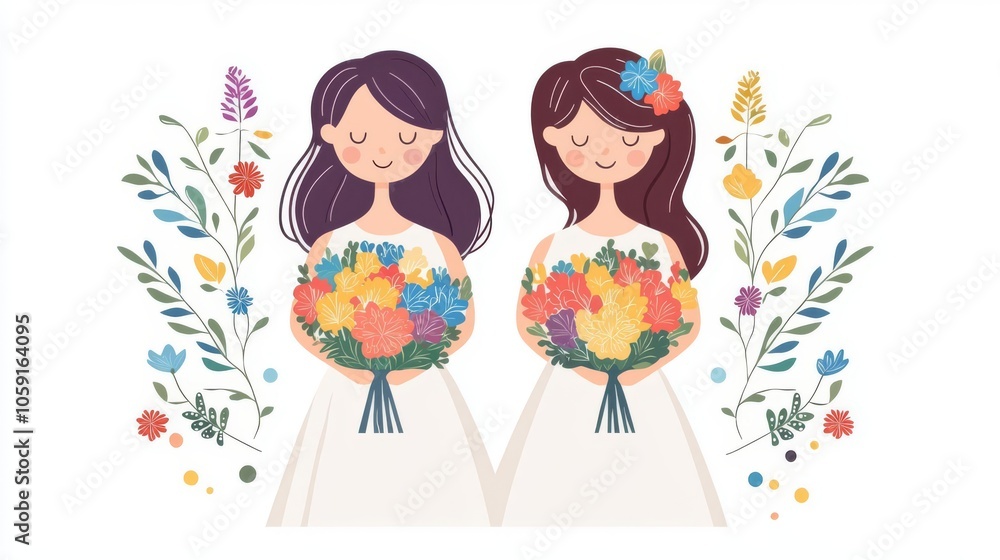 Two brides stand side by side, each holding a colorful bouquet amid floral decorations, celebrating love and unity. Two brides stand side by side, each holding a colorful bouquet amid floral decorations, celebrating love and unity.