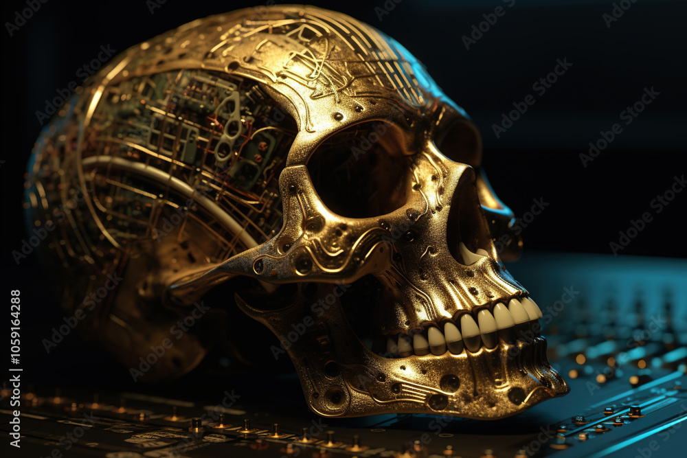 Realistic robot or cyborg skull with electric circuits and futuristic micro chips Realistic robot or cyborg skull with electric circuits and futuristic micro chips