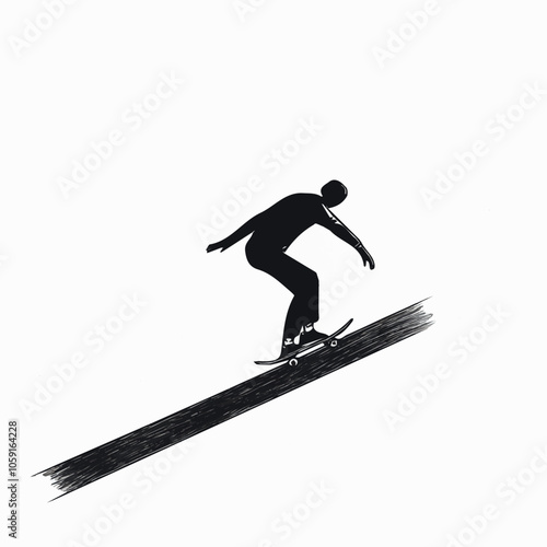 Skateboarder grinding a rail black and white illustration