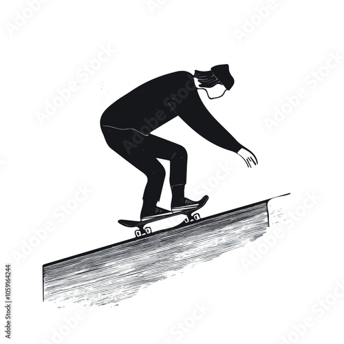 Skateboarder grinding a rail black and white illustration