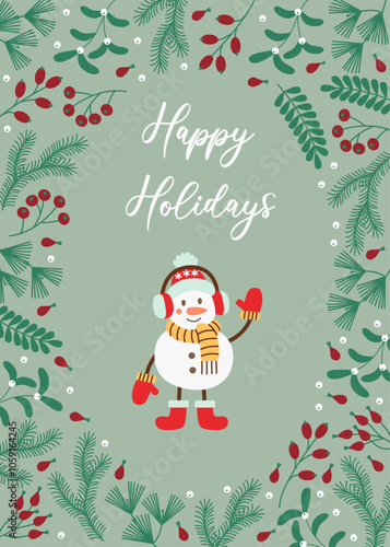 Festive flat style illustration of a cheerful snowman in earmuffs and scarf, surrounded by a decorative winter foliage border. Perfect for holiday greetings or seasonal decorations.