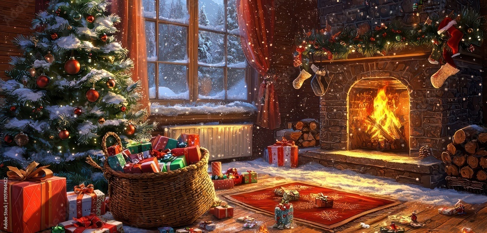 Charming Christmas scene with a sack of presents and toys near a decorated tree and a crackling fireplace Charming Christmas scene with a sack of presents and toys near a decorated tree and a crackling fireplace