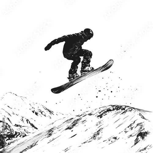 Snowboarder performing a jump black and white illustration