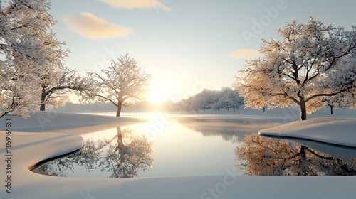 Icy pond surrounded by snowladen trees, soft morning light, Winter Pond, Serene Waterscape