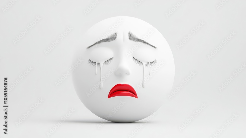 A sorrowful face sculpture with red lips and tears, symbolizing deep emotion and sadness against a plain background. A sorrowful face sculpture with red lips and tears, symbolizing deep emotion and sadness against a plain background.