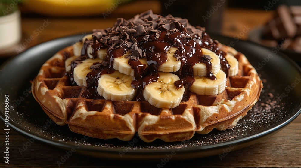 A stack of classic waffles is generously topped with ripe banana slices and rich chocolate sauce, creating a mouthwatering breakfast treat A stack of classic waffles is generously topped with ripe banana slices and rich chocolate sauce, creating a mouthwatering breakfast treat