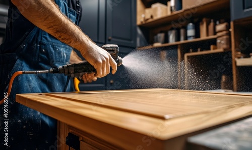 Man spraying wood with air compressor.