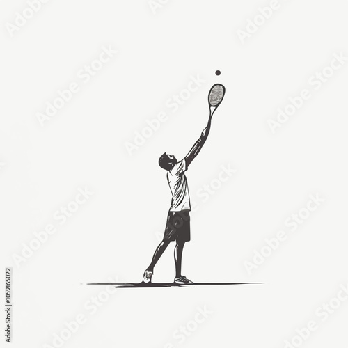 Tennis player serving black and white illustration