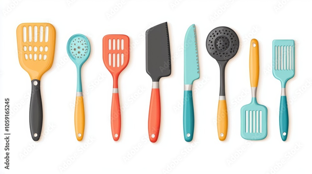 A vibrant collection of kitchen utensils including spatulas and knives, perfect for cooking and baking enthusiasts.