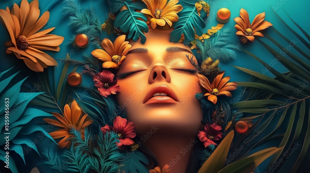Woman in Paradise: A Serene Portrait with Tropical Flowers Woman in Paradise: A Serene Portrait with Tropical Flowers