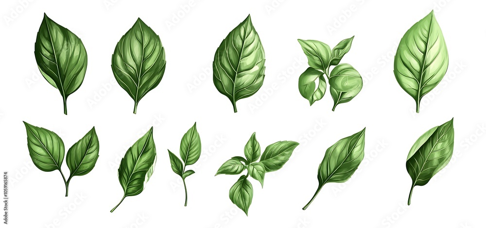 Set of fresh basil leaves cut out Set of fresh basil leaves cut out
