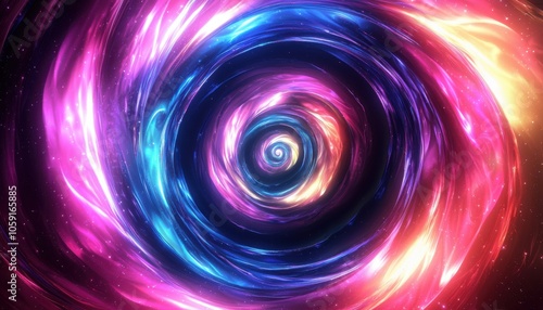 A vibrant, swirling cosmic vortex filled with colorful light and energy, suggesting depth and the mysteries of the universe.