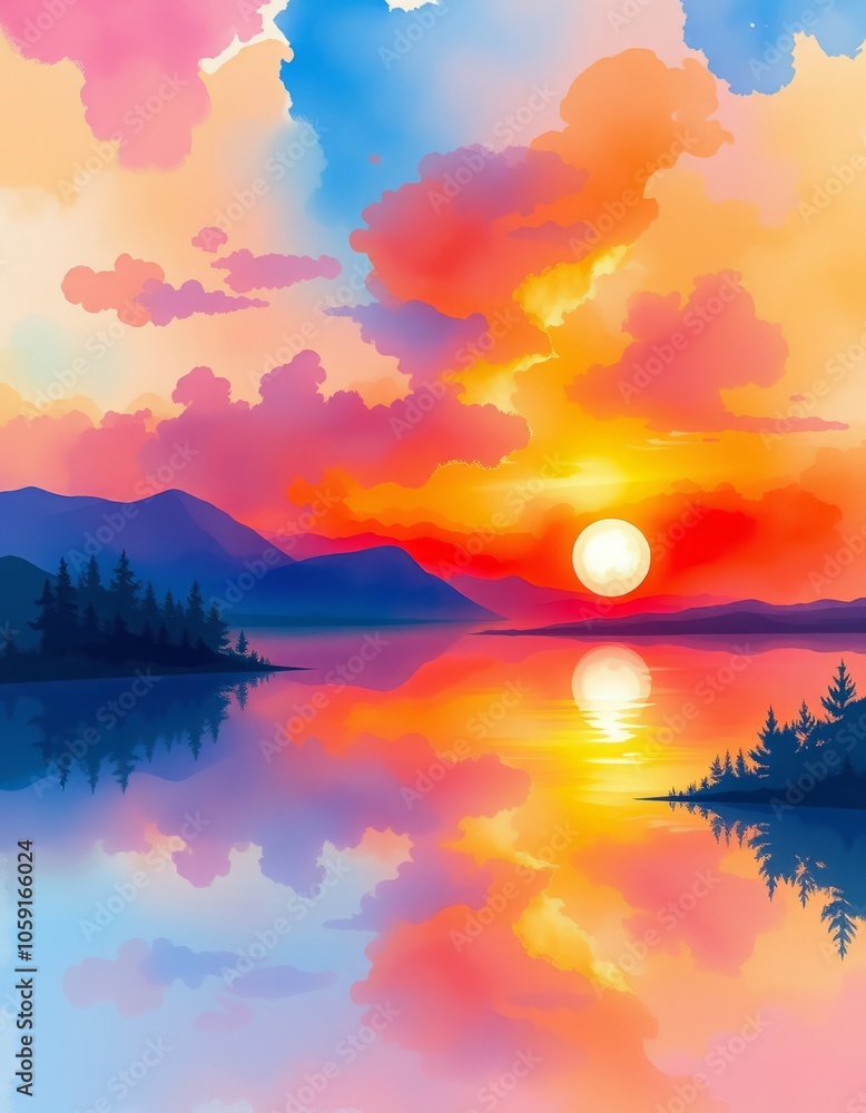 Vibrant abstract watercolor sunset over a tranquil lake Vibrant abstract watercolor sunset over a tranquil lake
