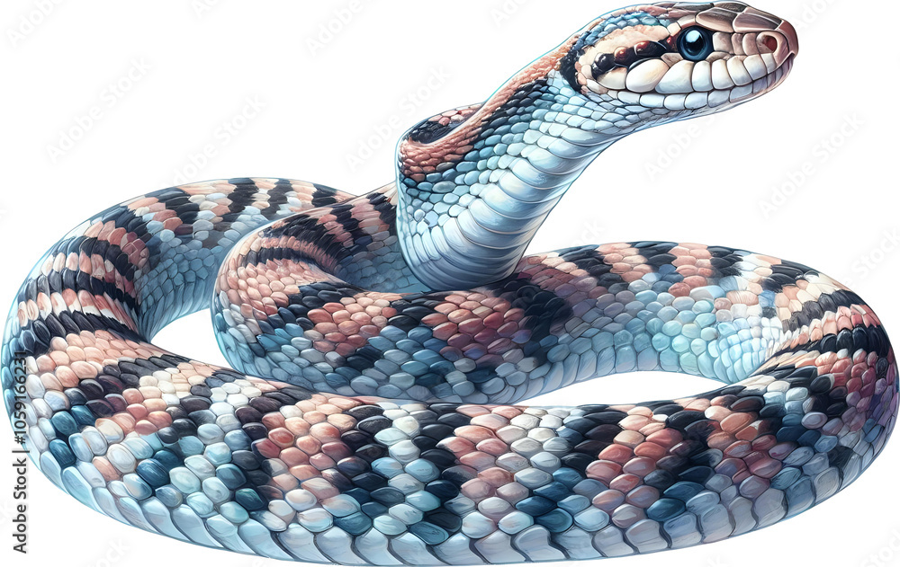 Obraz premium Intricately Coiled Snake with Iridescent Scales, Transparent background 
