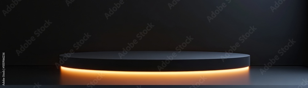 Sleek black podium with subtle warm lighting beneath, ideal for modern, minimalist product displays in a dramatic dark setting. Sleek black podium with subtle warm lighting beneath, ideal for modern, minimalist product displays in a dramatic dark setting.