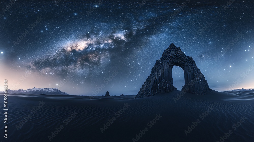 Night in the Xinjiang Desert: Majestic Mountains and Starry Galaxy Night in the Xinjiang Desert: Majestic Mountains and Starry Galaxy