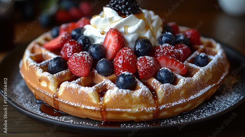 A golden Belgian waffle on a rustic plate, topped with strawberries, raspberries, blueberries, whipped cream, and syrup, makes for a tempting breakfast treat A golden Belgian waffle on a rustic plate, topped with strawberries, raspberries, blueberries, whipped cream, and syrup, makes for a tempting breakfast treat