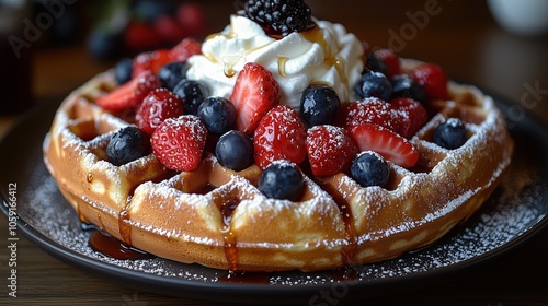 A golden Belgian waffle on a rustic plate, topped with strawberries, raspberries, blueberries, whipped cream, and syrup, makes for a tempting breakfast treat