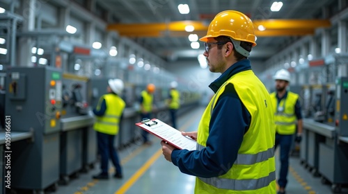 Industrial Safety Practices with Workers and Equipment. Workers Conducting Inspection