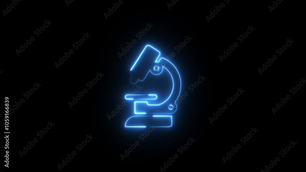 Neon microscope icon isolated on black background. Animation of a microscope icon with a glowing neon effect. Neon microscope icon isolated on black background. Animation of a microscope icon with a glowing neon effect.