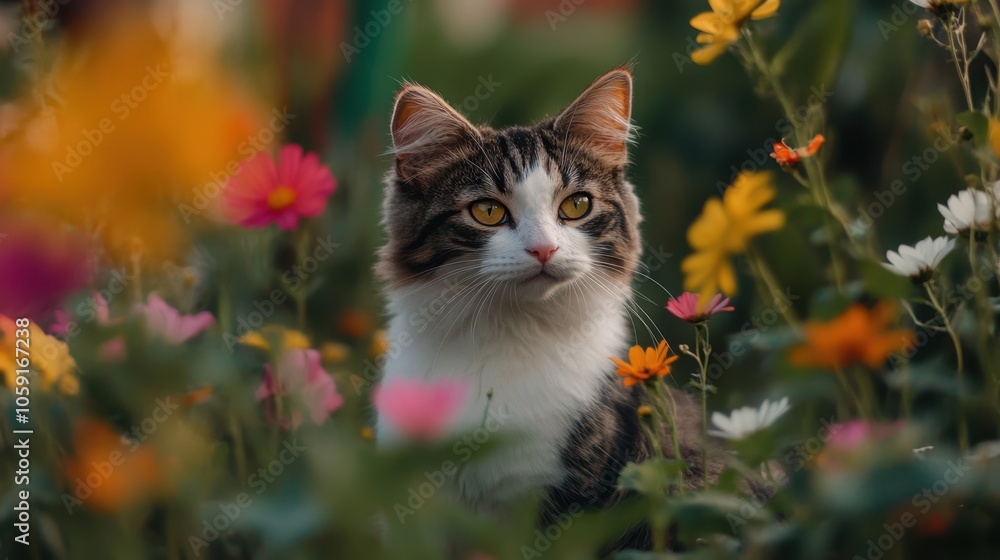 Fluffy cat sitting among multicolored flowers in a green field with expressive eyes under daylight Fluffy cat sitting among multicolored flowers in a green field with expressive eyes under daylight