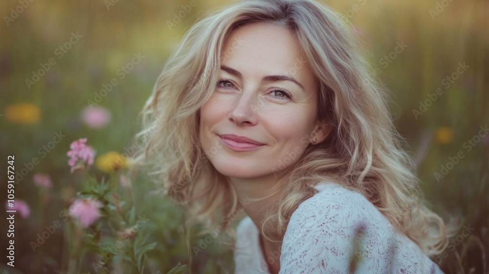 Middle-aged blonde woman with wavy hair on grass among flowers, soft smile; tranquil blurred . Middle-aged blonde woman with wavy hair on grass among flowers, soft smile; tranquil blurred .