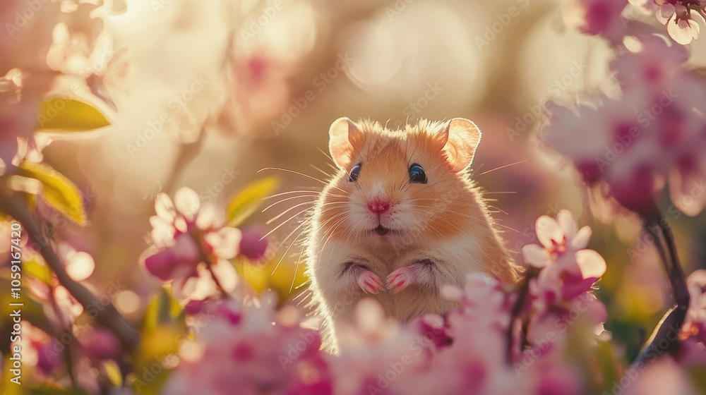 small cute hamster exploring a lush garden with pink blossoms on the background in natural sunlight small cute hamster exploring a lush garden with pink blossoms on the background in natural sunlight
