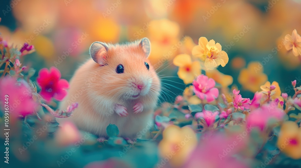 Tiny cute hamster with a backdrop of vibrant flowering bushes, daylight enriching color saturation Tiny cute hamster with a backdrop of vibrant flowering bushes, daylight enriching color saturation