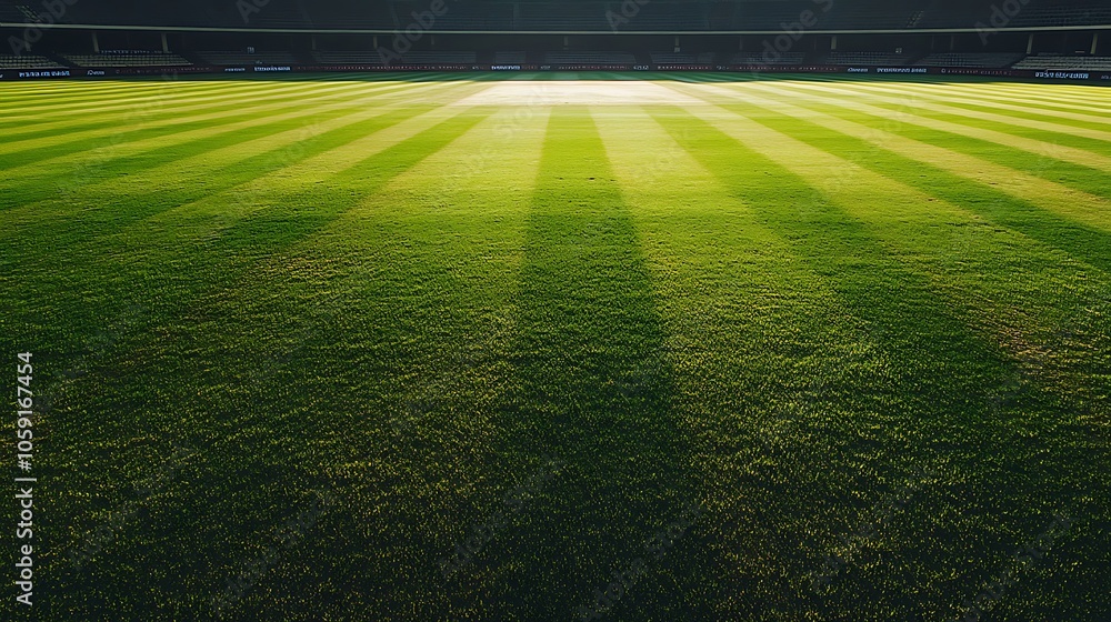 A well-maintained cricket field with striped grass patterns under bright lighting.