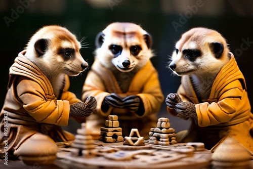 meerkats solving puzzles togetherracticing martial arts techniqu photo