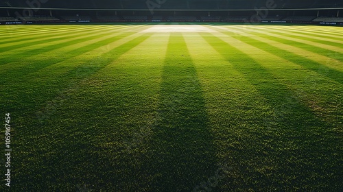 Obraz na płótnie A well-maintained cricket field with striped grass patterns under bright lighting. w salonie
