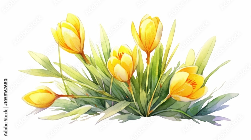 Charming watercolor illustration of a small bunch of yellow crocuses with green leaves isolated illustration on white background for banners postcards high resolution quality detail and definition Charming watercolor illustration of a small bunch of yellow crocuses with green leaves isolated illustration on white background for banners postcards high resolution quality detail and definition