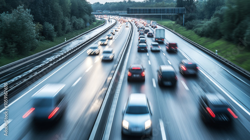 Blurred car image while moving on busy highway. Traffic on road.