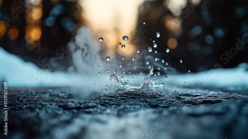 Close-up shot of water droplets splashing on a surface with a blurred natural background during sunset or sunrise