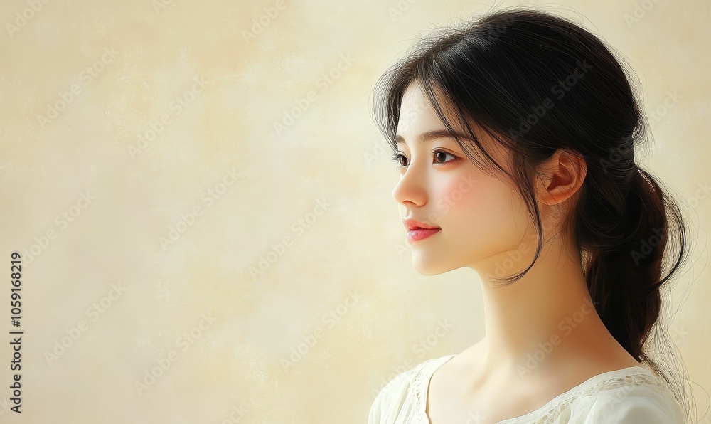 A woman with dark hair and pink blush. A woman with dark hair and pink blush.