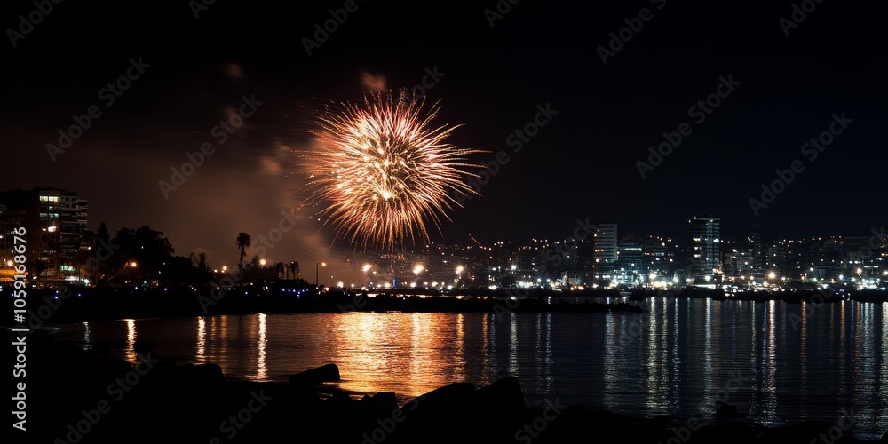 Spectacular fireworks display illuminating the night sky over a vibrant cityscape reflecting on the water's surface Spectacular fireworks display illuminating the night sky over a vibrant cityscape reflecting on the water's surface