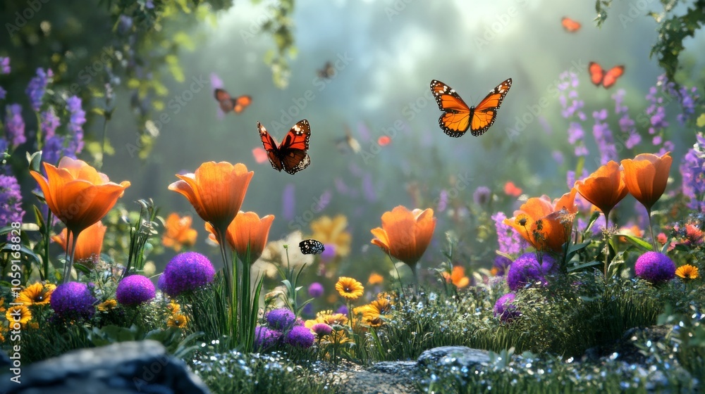Vibrant Garden Scene with Butterflies and Flowers Vibrant Garden Scene with Butterflies and Flowers