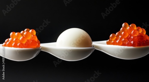 Elegant culinary arrangement of caviar on white spoons with a spherical element