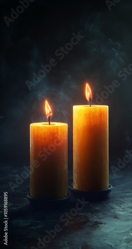 Soft glow of two burning candles against a dark background creating a serene ...