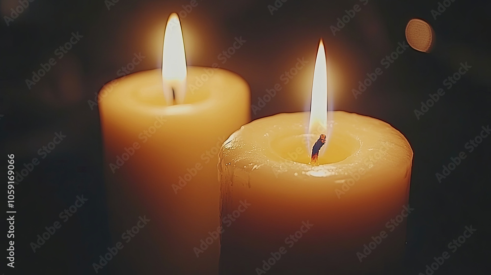 Two Glowing Candles Illuminate a Dark Room, Creating a Warm and Tranquil Atmosphere During a Quiet Evening Setting Two Glowing Candles Illuminate a Dark Room, Creating a Warm and Tranquil Atmosphere During a Quiet Evening Setting