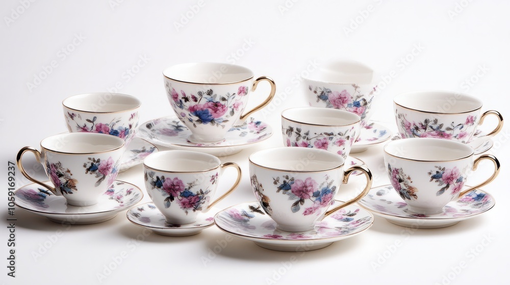 A beautifully arranged set of antique-style porcelain cups and saucers with intricate floral patterns, elegantly displayed on a pristine white background. A beautifully arranged set of antique-style porcelain cups and saucers with intricate floral patterns, elegantly displayed on a pristine white background.