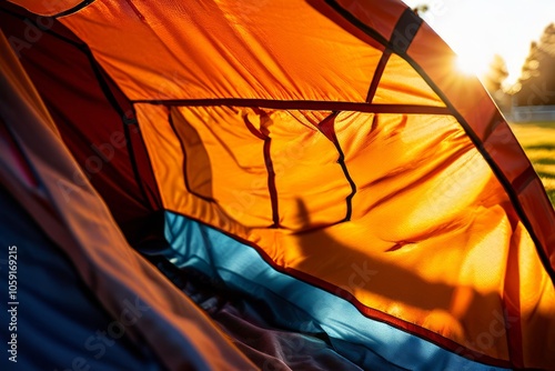 morning sun on tent extreme close up of sunlight filtering throu photo