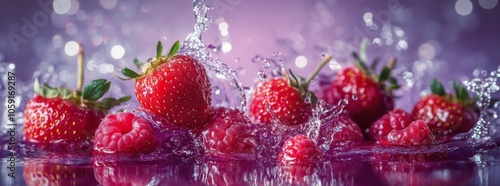 Juicy strawberries and raspberries splashing into water against a vibrant pur...