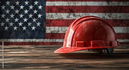 Red hard hat resting on a wooden table in front of an American flag backdrop ...
