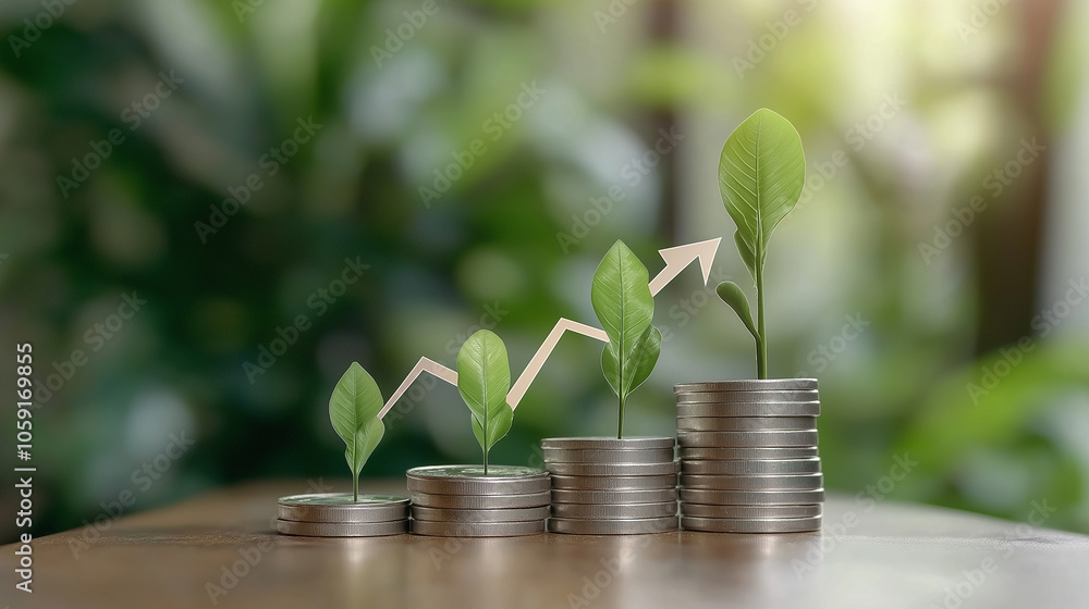 Tree growing on a pile of coins and arrows growing. With financial growth and economic development concept. Save money to prepare for the future. Tree growing on a pile of coins and arrows growing. With financial growth and economic development concept. Save money to prepare for the future.